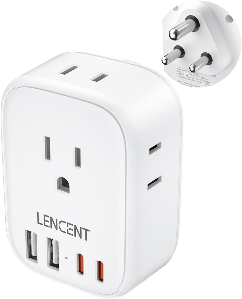Lencent محول قابس الطاقة من الولايات المتحدة إلى الهند، محول السفر الهندي مع 4 مآخذ، شاحن USB 4 (2 USB C)، محول قابس نوع D من الولايات المتحدة إلى الهند نيبال بنغلاديش جزر المالديف باكستان، آمن ومؤرض - Image 1